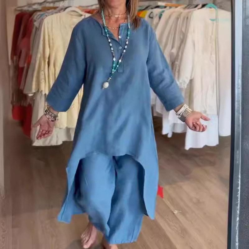 Conjunto de verano de manga larga de algodón y estilo holgado, informal, de color sólido, de venta rápida, nuevo producto para mujer_voghion.com