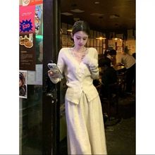 韩系蕾丝长袖针织开衫秋冬拼接法式气质上衣半身裙高级套装两件套