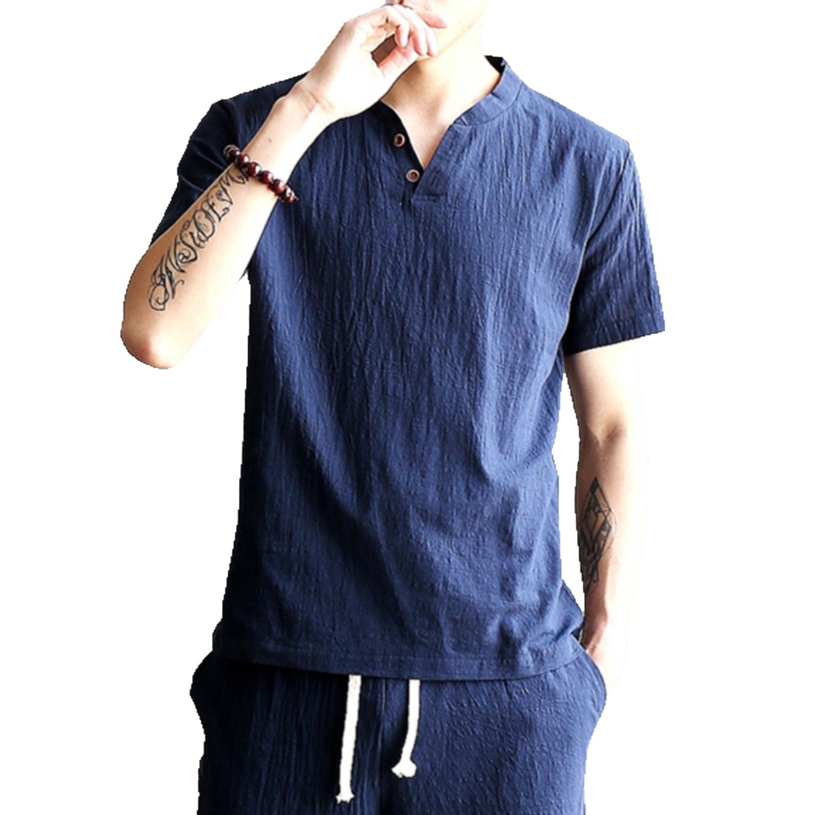 Summer Linen Short-Sleeved Ice Silk T-Shirt Suit Men's Pure Color V Neck Chinese Style Top Cotton and Linen Han Dynasty Casual Half-Sleeve