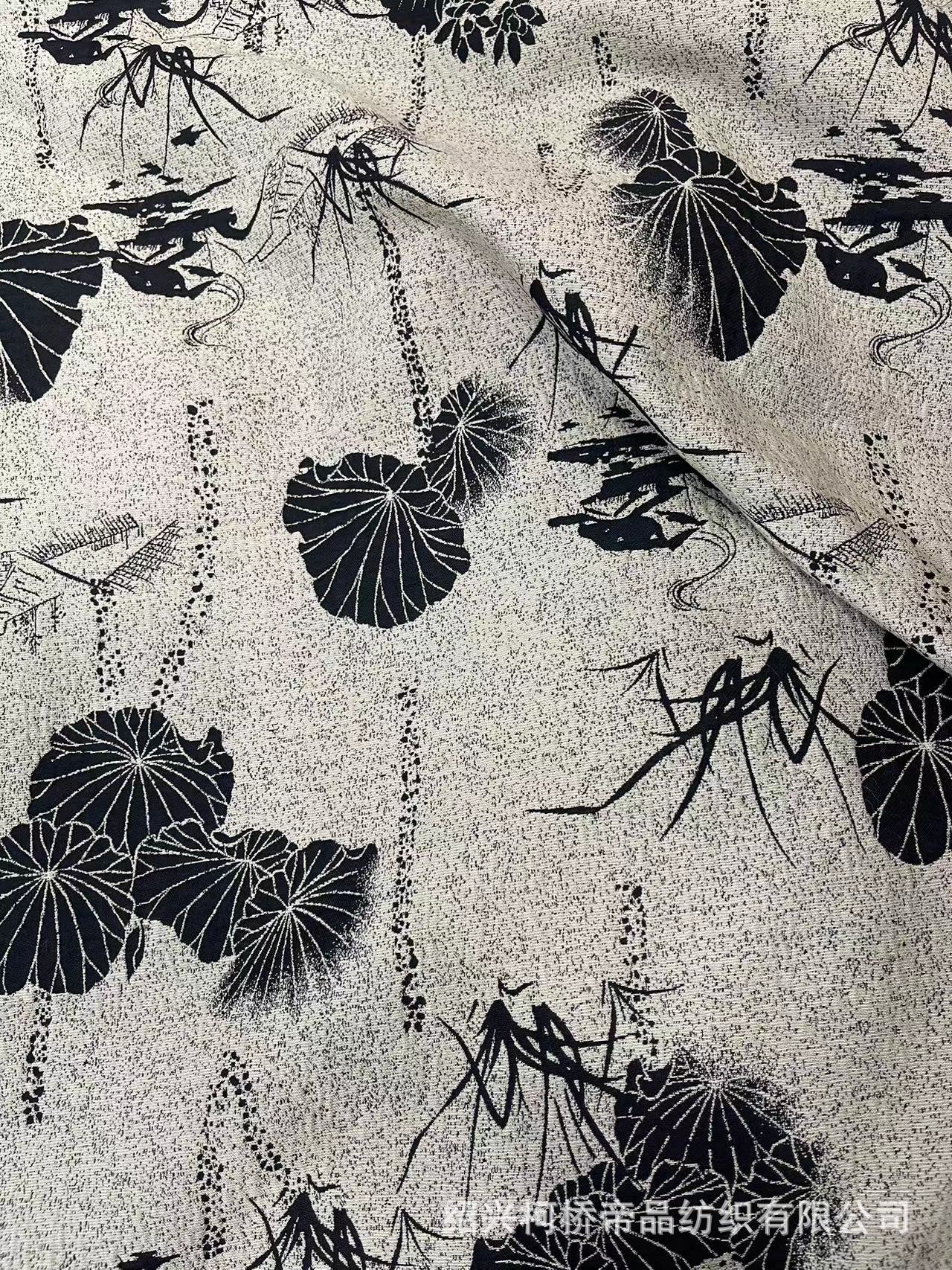 荷花叶水墨画国风服装全涤色织提花布面料现货厂家直销植物提花