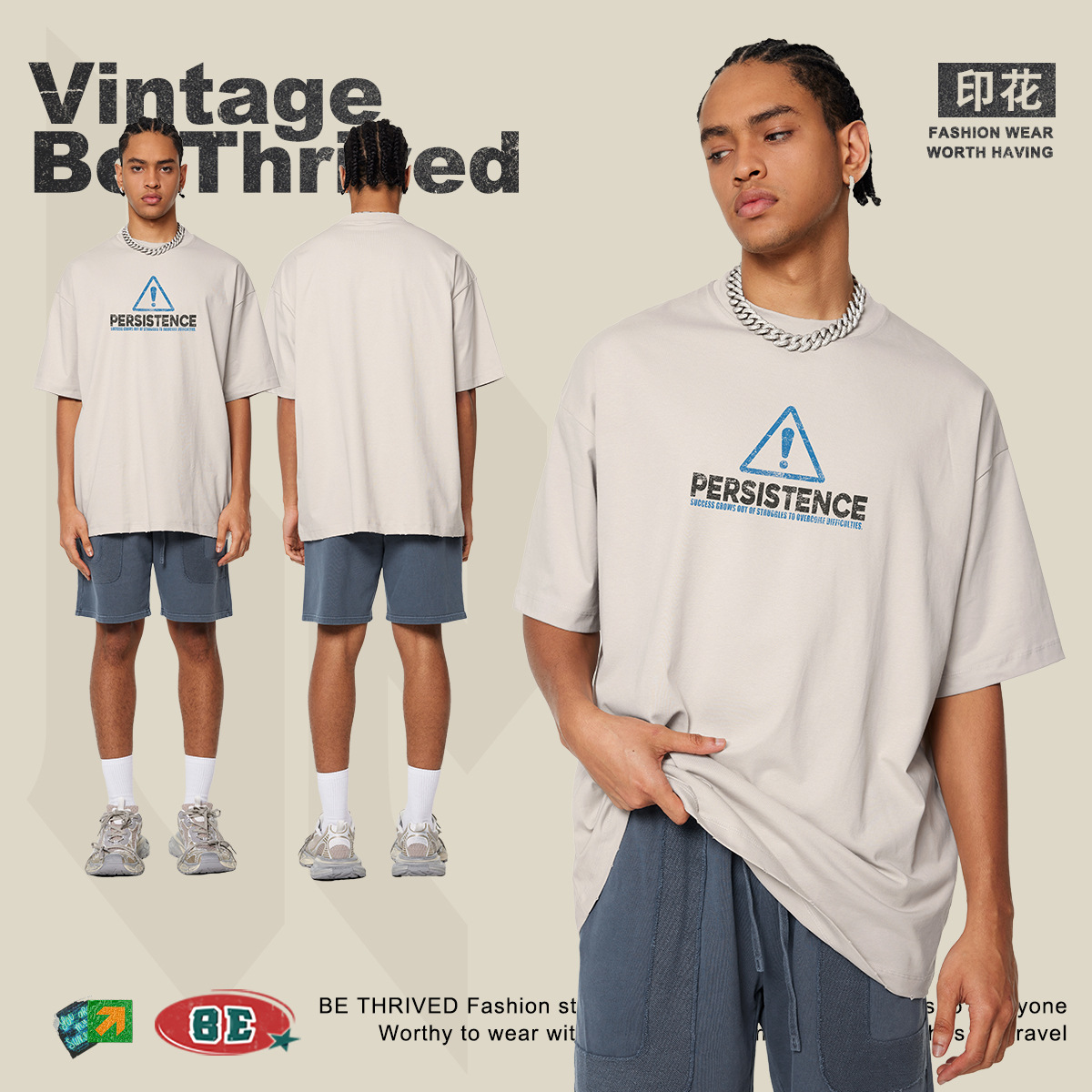 Be Hombres| 2025 primavera y verano nuevo estilo americano retro suelto pequeño cuello marca de mar imprimida camiseta de lavado de hombre image 3