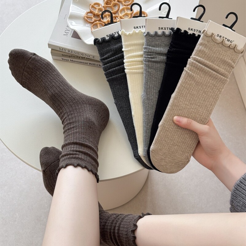 Women's spring and autumn solid color striped lace mid-calf cotton socks with ruffled edges, Korean style, perfect for pairing with Mary Jane shoes