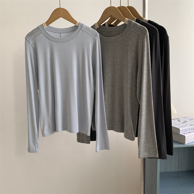 Lyocell Acetate Wool Tencel Long-sleeved Base Shirt T-shirt Women's Thin Solid Color Shoulder Slimming All-match Trendy Top