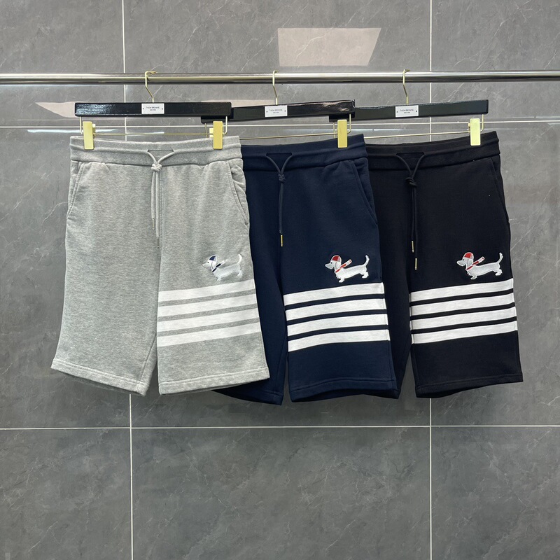 Trendy TB New Christmas Puppy Pattern Embroidery Classic Striped Yarn-dyed Four-bar Casual Shorts for Men and Women
