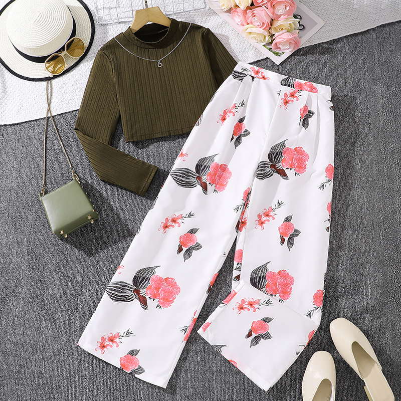 Nuovo set casual alla moda alla moda 2024 autunno ragazze top a maniche lunghe pantaloni a gamba larga stampati_voghion.com