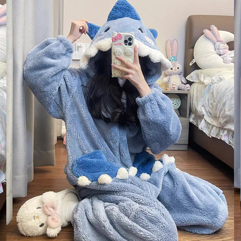 秋冬季法兰绒连体睡衣女家居服加厚鲨鱼连帽长毛绒保暖卡通套装|undefined