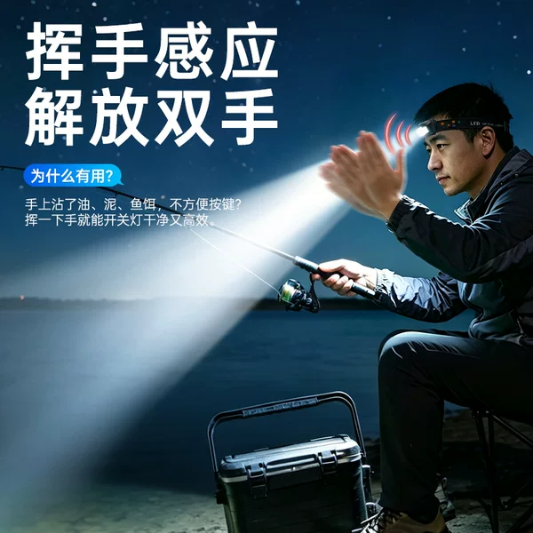 Fishing light, sensor-powered bright headlamp, rechargeable clip-on cap light, night fishing light, red and white light, multi-color temperature, outdoor rechargeable headlamp