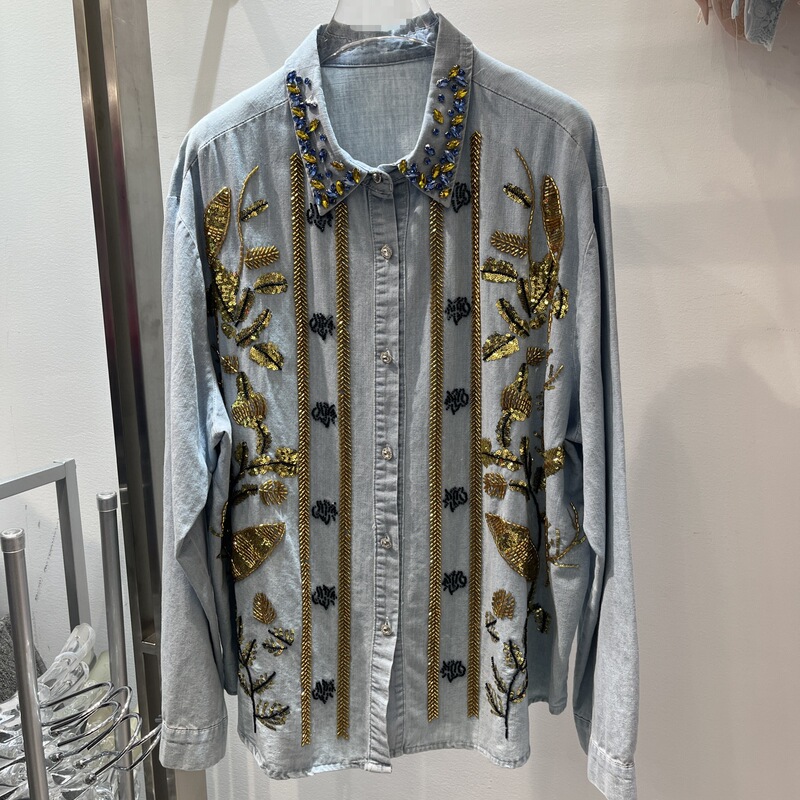 Light Luxury Heavy-Duty Gold Sequin Embroidered Denim Shirt for Women, Loose Fit, Vintage Style, Slimming Long-Sleeve Top