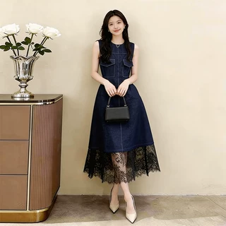 蓝色无袖牛仔连衣裙女2026春新款小个子高级感绝美漂亮蕾丝长裙子