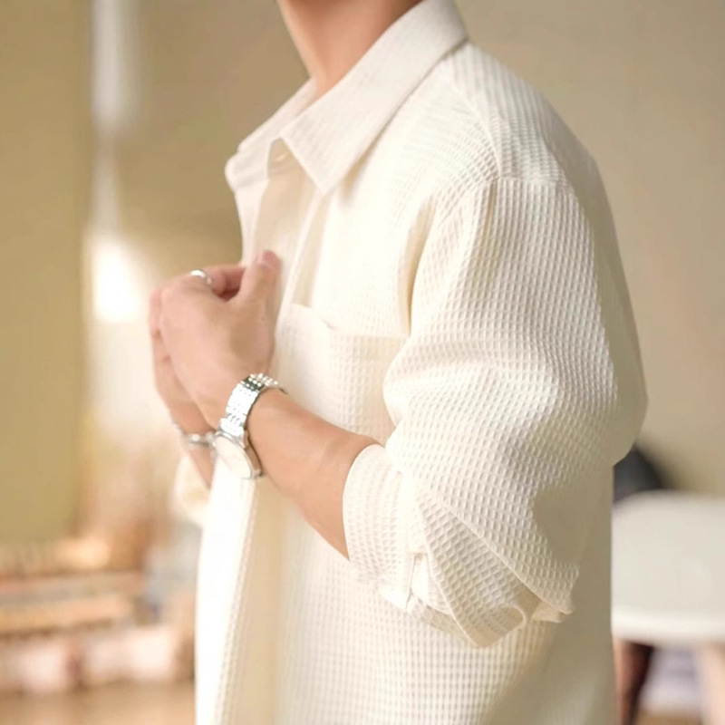 American-style Retro Waffe Shirt Men's European-made Slim-fit Long-sleeved Casual All-match Work Dress Pattern Shirt Texturized Shirt