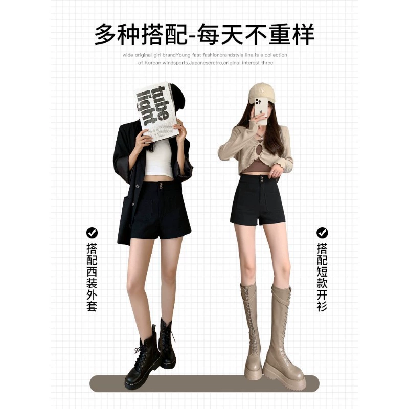Black shorts, autumn spring trousers, base sweatshirt, boots