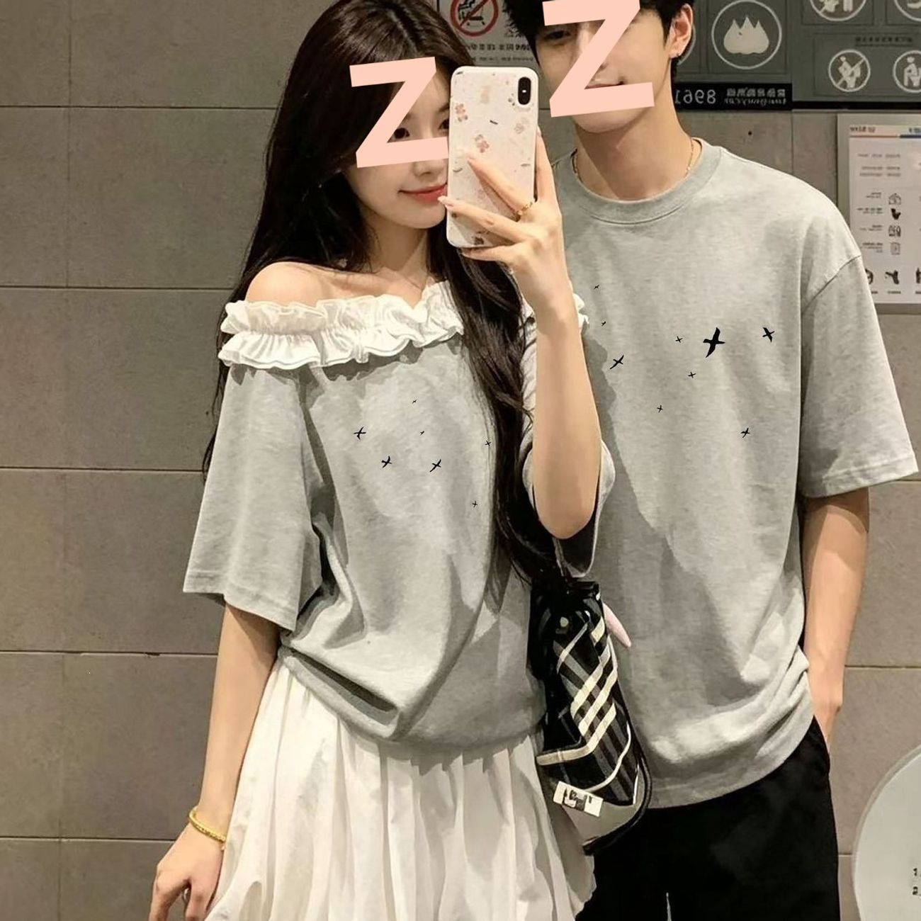 American retro print, relaxed style casual top, 2026 new style, lace off-shoulder short-sleeved T-shirt for couples.