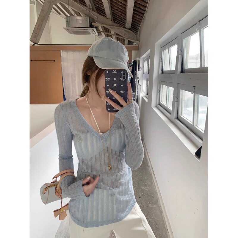 Blue Hollow-Out See-Through Long-Sleeve Knit Sweater for Women, Spring Thin Sun-Protective Sweater, Sexy Slim-Fit V-Neck Top Blue Hollow-Out See-Through Long-Sleeve Knit Sweater for Women, Spring Thin Sun-Protective Sweater, Sexy Slim-Fit V-Neck Top