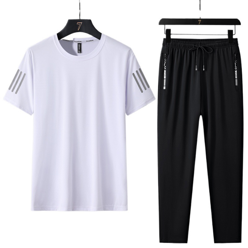Traje de ocio deportivo de seda de hielo de talla grande para hombre de verano Camiseta de cuello redondo para hombre Pantalones de manga corta de secado rápido Juego de tres piezas