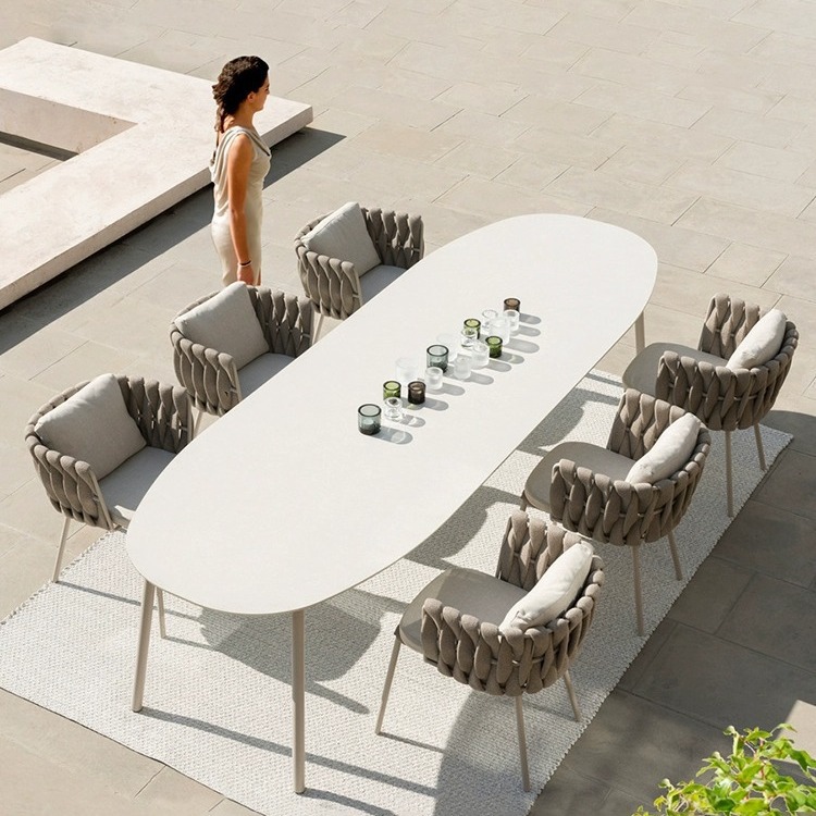 Nórdico al aire libre cuerda tejida mesa y silla Villa Jardín al aire libre de ratán terraza impermeable roca placa mármol mesa de comedor y silla