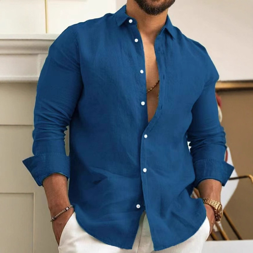 Men's Cotton And Linen Plain-Color Long-Sleeved Shirt With Collar Button, Youth Fashion Casual Style_viptrois.com