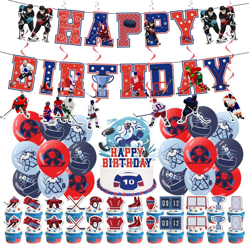 Ready Stock Ice Hockey Theme Holiday Birthday Scene Layout Party Decoration Supplies Banner Balloon Flag Flag Set