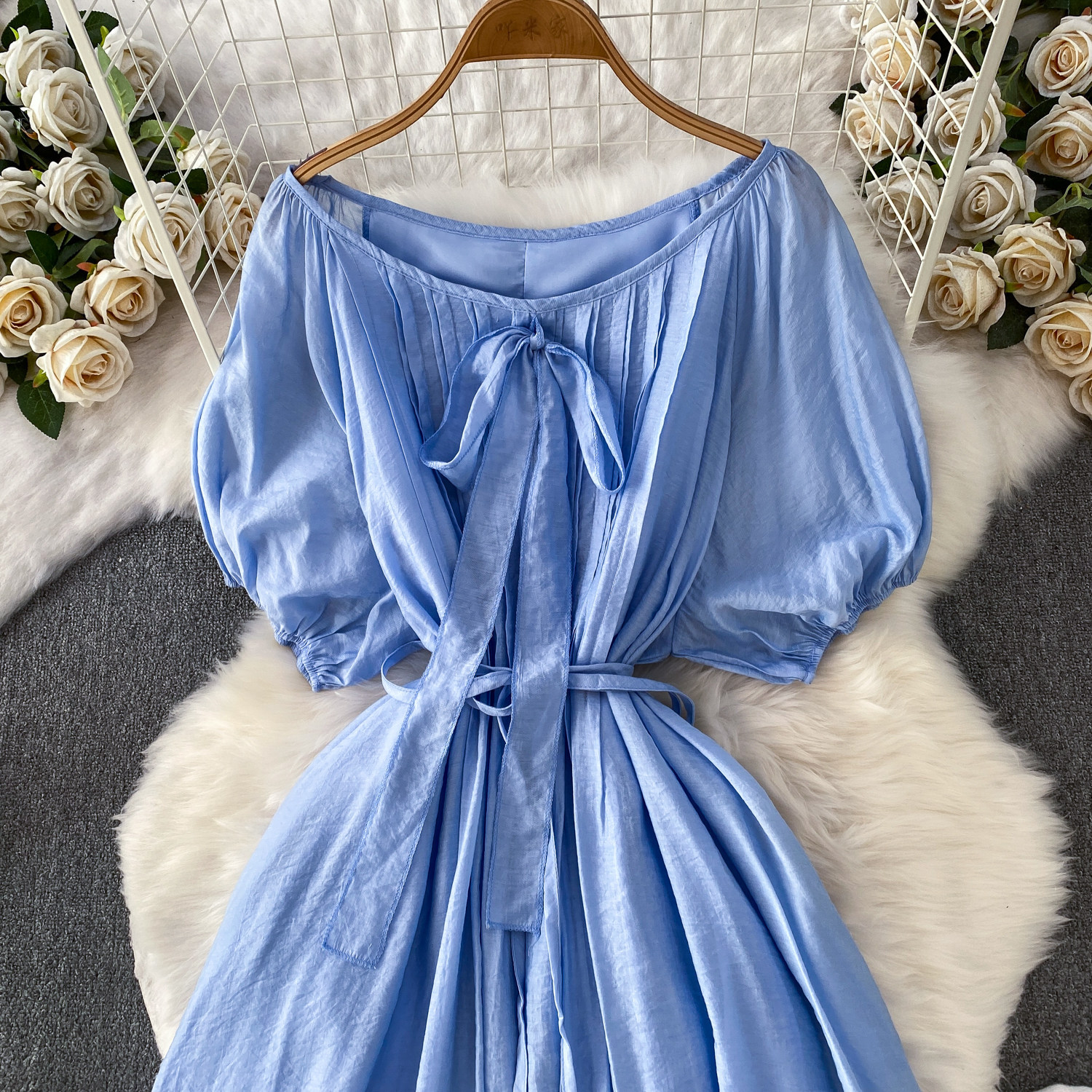 Women's French Style Tie Neck Puff Sleeve Dress Gentle Elegant Summer Casual Long Dress Simple Commuting Style_ecoleips.com