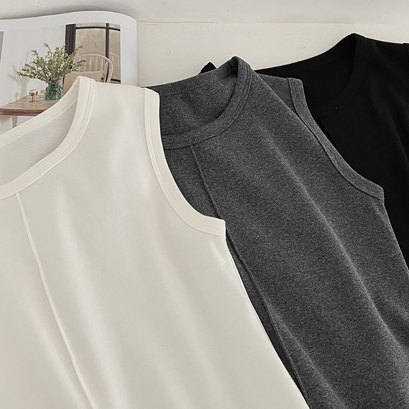 Front Center Seam Round Neck High-Elastic Ribbed Fine Cotton Tank Top Women's Slim Fit Sleeveless Short Top Solid Color Versatile Camisole