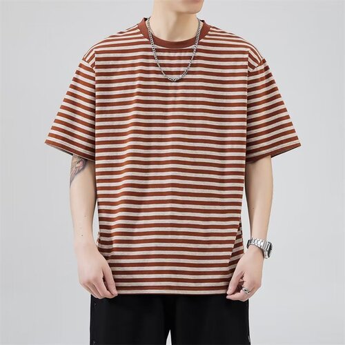 Striped pure cotton versatile niche design light mature style short-sleeved T-shirt handsome Korean style casual tops