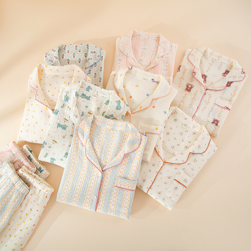 【Crepe Diary】All-Cotton Double-Layer Gauze Women's Lapel Long-Sleeve Long-Pants Set Loungewear Cartoon Girl Spring and Summer