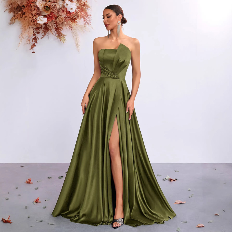 European and American New Style Sexy Slim-Fit Strapless Elegant Waist-Cinching Slit Dress, High-End Evening Party Gown European and American New Style Sexy Slim-Fit Strapless Elegant Waist-Cinching Slit Dress, High-End Evening Party Gown