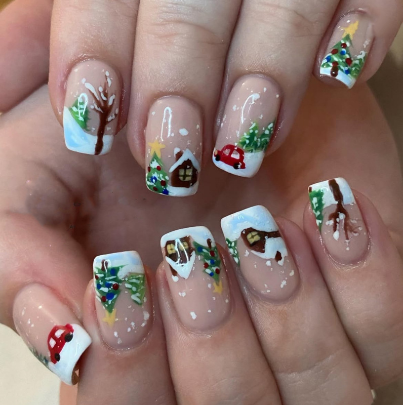 Simple Christmas French-Style Medium-Sized Square Press-On Nails with Snowman and Snowflake Designs, Removable Holiday Nail Pieces