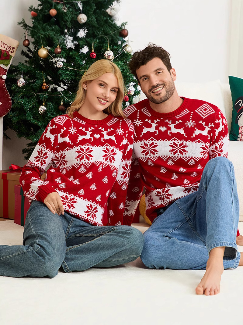 Suéter de punto de cuello redondo casual europeo y americano transfronterizo Navidad para padres e hijos otoño e invierno suéter jacquard de alce navideño de manga larga