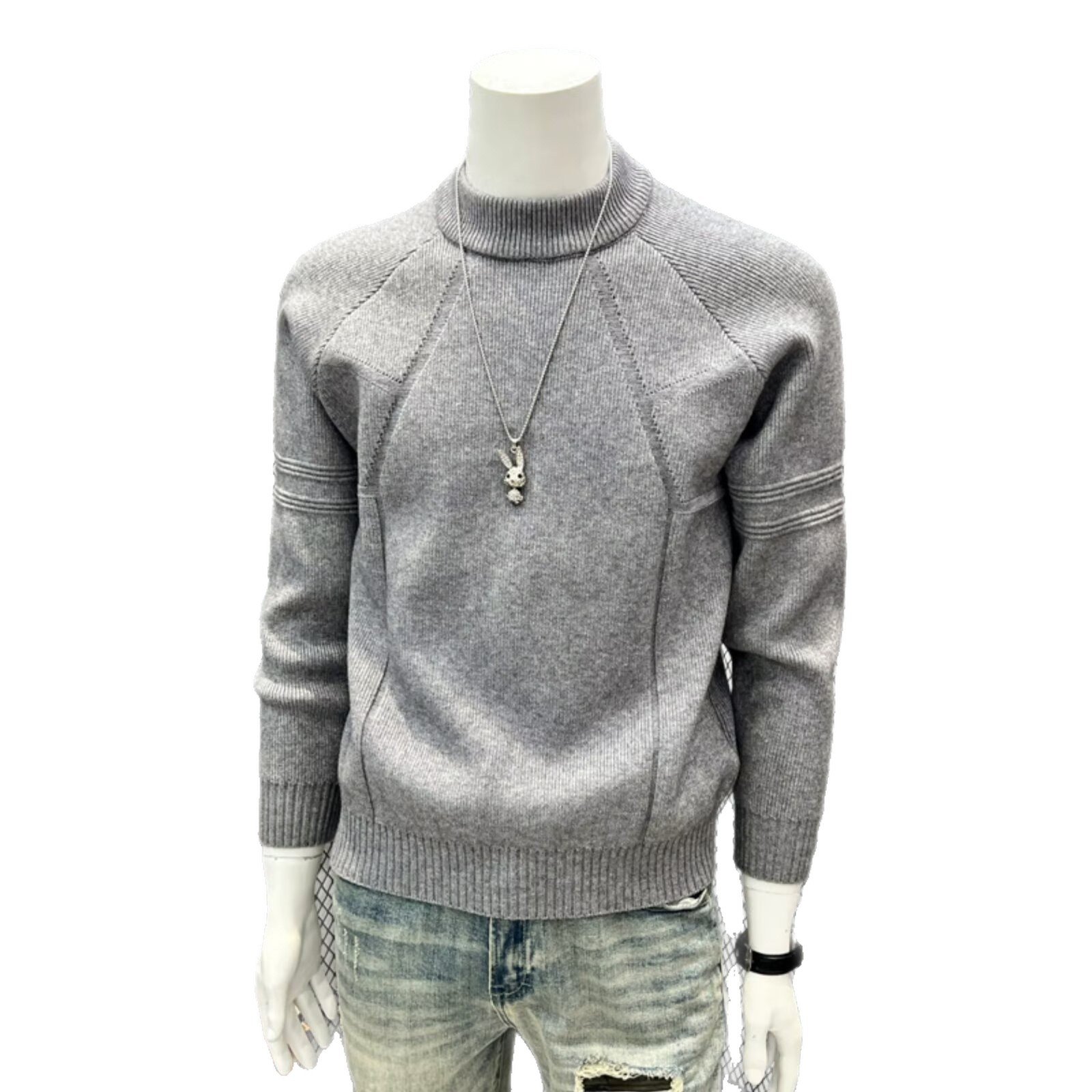 Men's High Neck Sweater Spring Gray Loose Fit Warm Thick Mid Neck Knitted Base Layer_voghion.com