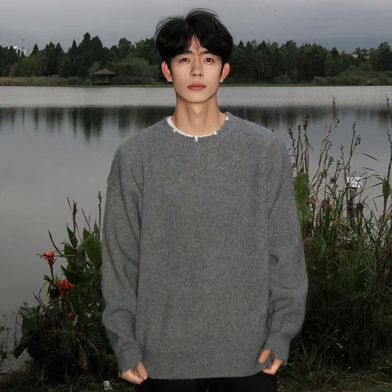 Round Neck Destroyed Knitted Sweater Men's Autumn and Winter Loose Lazy Style Casual Pullover Inner Layering Shirt Long-Sleeved Top