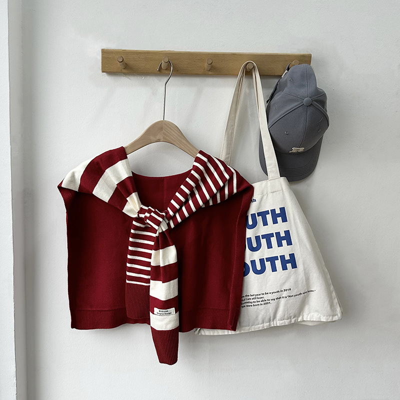 Primavera y otoño tejido a rayas cruzadas pequeñas sopales de cuello decoración delgada hombro de collar falso cardigan nudo