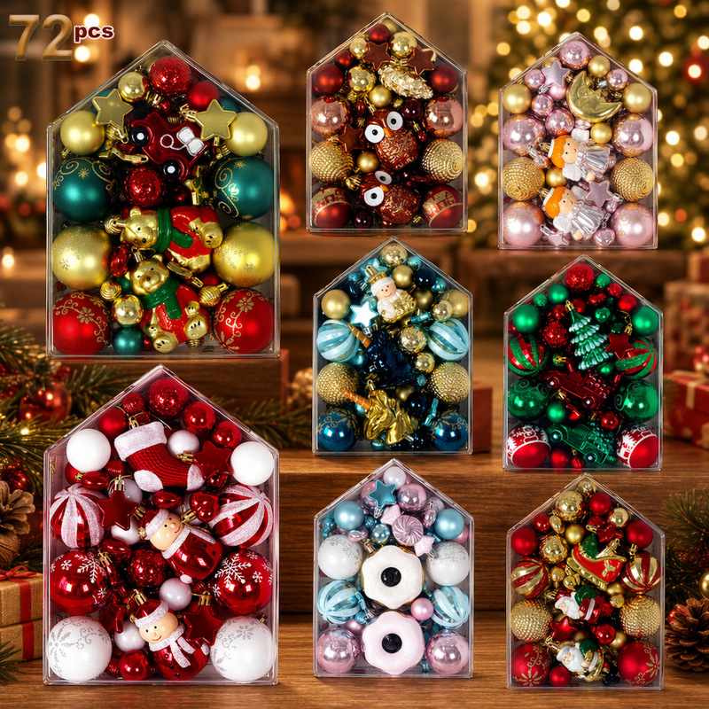 New Christmas Balls, 72 Pieces, House Set, Painted Irregular-Shaped Electroplated Balls, Christmas Tree Ornaments, Holiday Decorations, Red and Green