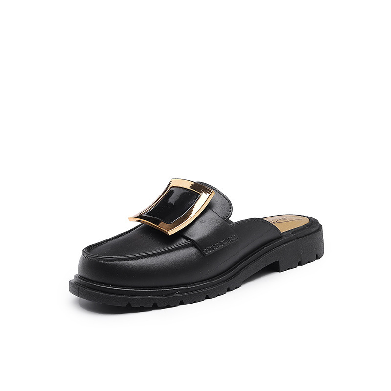 Nuevas medias zapatillas de mujer desgaste exterior perezoso medio soporte hebilla cuadrada punta cerrada slip-on plataforma casual Sandalias planas al por mayor
