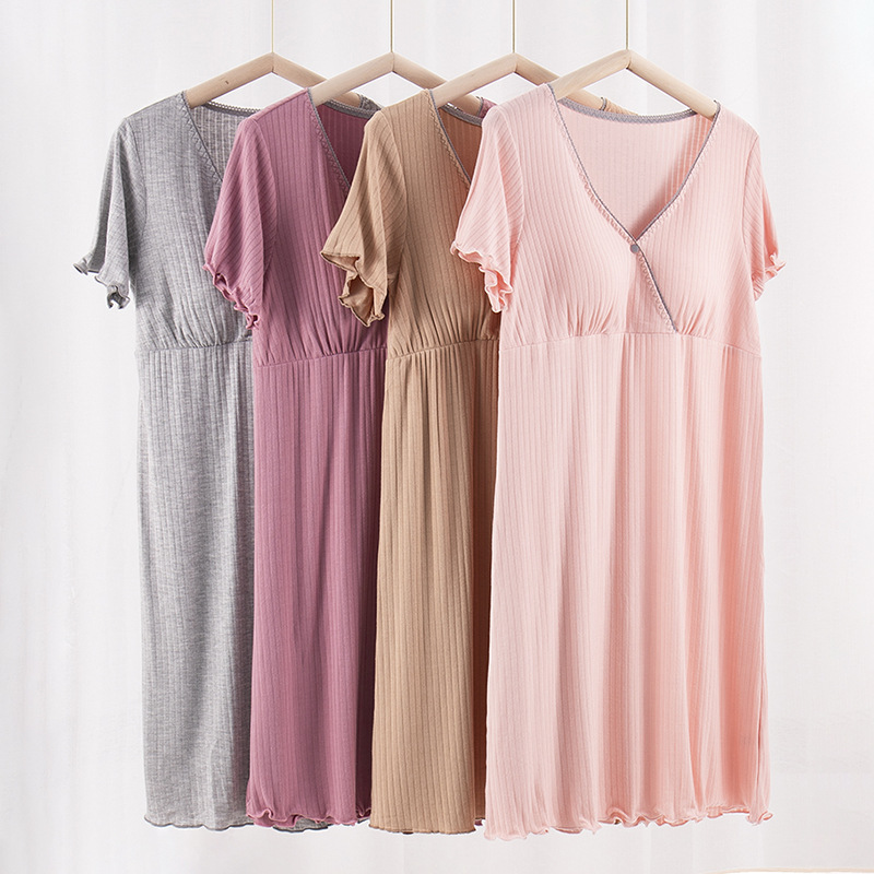 Breastfeeding Dress with V-Neck Cross-Back Home Postpartum Wear with Insertable Bra Cups for Nursing Pajamas