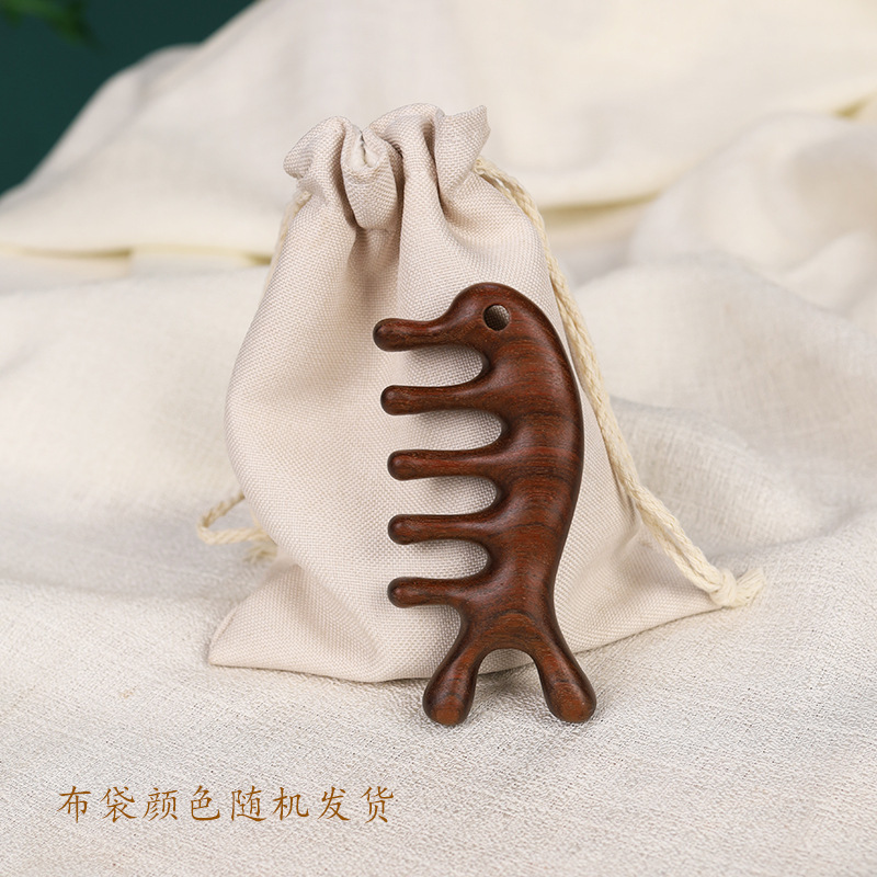 天然绿檀木海马经络梳养生头部按摩梳头皮五指疏通梳宽齿刮痧梳子|undefined