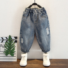 男童破洞牛仔褲春秋2024新款韓版兒童老爹褲寶寶春季時髦潮牌長褲