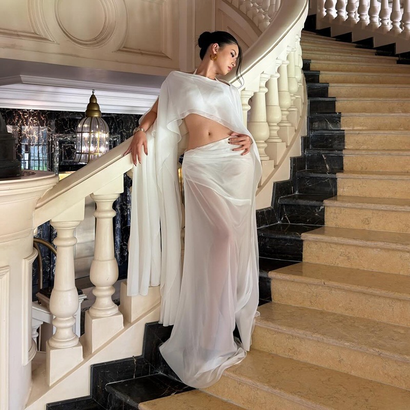 2026 Cross-Border European and American Style Wish Summer New Solid Color Mesh Shawl T-Shirt Set High-Waisted Slit Skirt