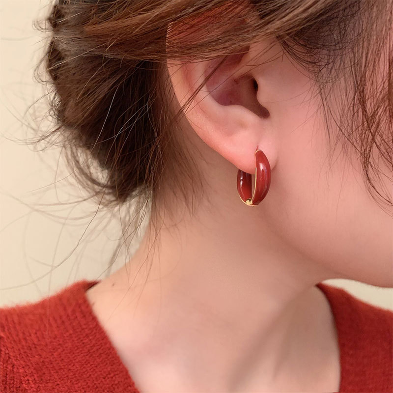 溫柔氣質高級感紅色過年耳環複古簡約百搭耳扣秋冬小衆設計感耳圈