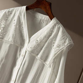 法式优雅篙级感镂空刺绣披肩领圆弧摆舒爽天丝气质白衬衫上衣女