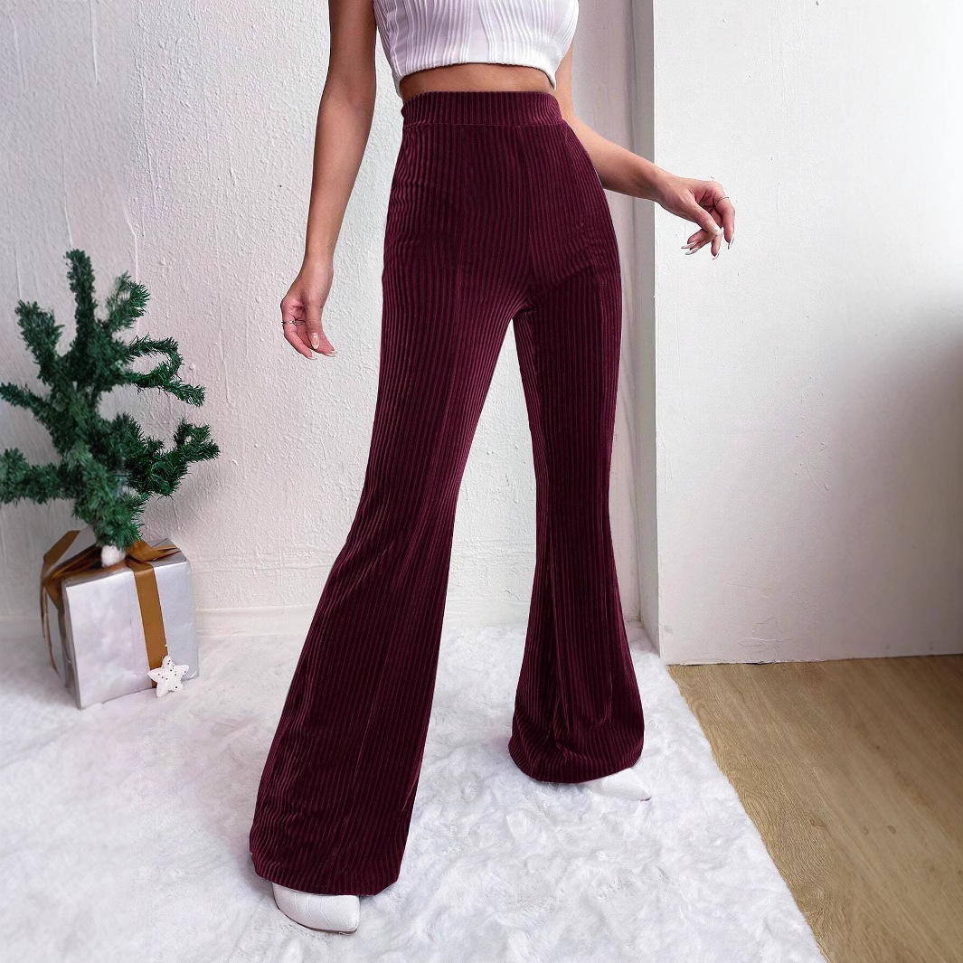 2025 European and American Amazon Hot-Selling New Fashion High-Waisted Stretch Velvet Ribbed Flared Casual Pants