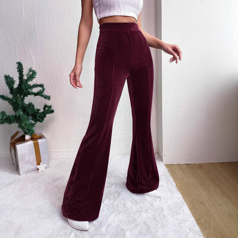 2025 European and American Amazon Hot-Selling New Fashion High-Waisted Stretch Velvet Ribbed Flared Casual Pants