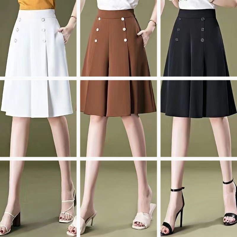 夏季薄款高腰显瘦遮肉六分阔腿裤冰丝垂感宽松大码过膝半身裤裙女