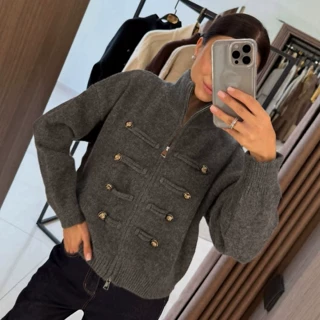 亚马逊跨境设计感针织开衫女装秋冬新款欧美风立领双拉链毛衣外套