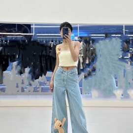 FFF现货高品质13家新款女款小熊玩偶牛仔裤阔腿版型时尚百搭
