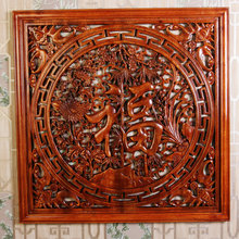 东阳木雕香樟木挂件 实木雕刻 方形四季福字挂件 背景墙装饰