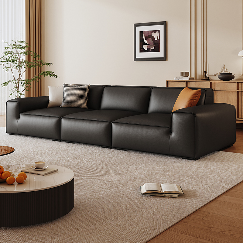 Modern Simple Big Black Cow Leather Sofa Italian Minimalist Black Sofa Living Room High-End Elegant Mid-Century Style