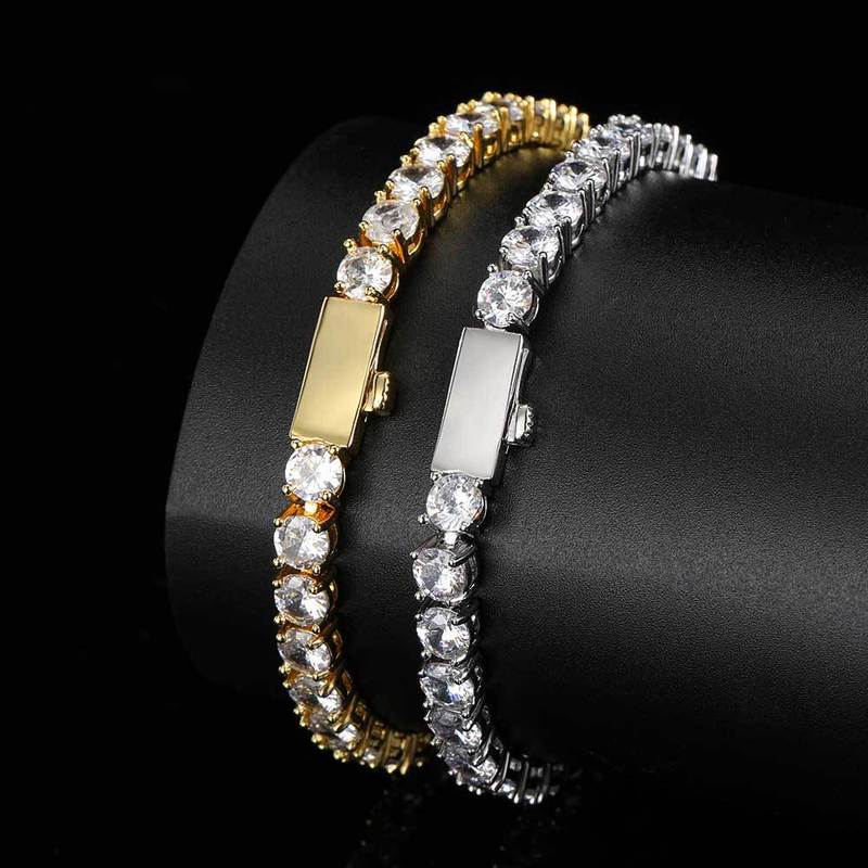 European and American jewelry spring buckle single row Diamond Tennis chain zircon bracelet fashion brand hip hop men's bracelet Accessories Wholesale