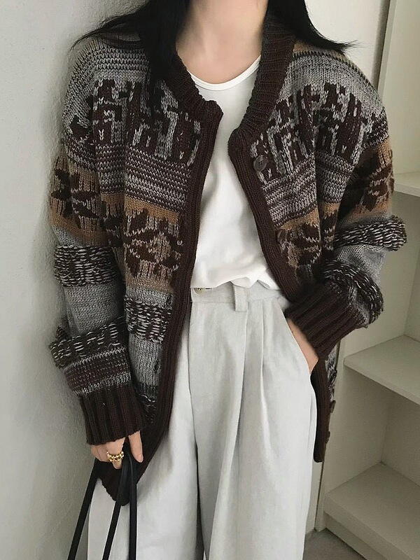 古着文艺复古风提花毛衣外套女秋冬新款费尔岛百搭针织开衫女1339|undefined
