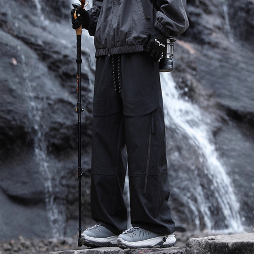 Men's Autumn/Winter Waterproof Windproof Fleece-lined Thick Straight Leg Loose Parachute Sports Casual Pants