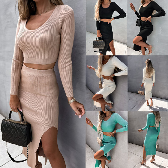 2022 autumn and winter Europe and the United States cross-border Women's new solid color thread long sleeve fashion sexy split long skirt two-piece set